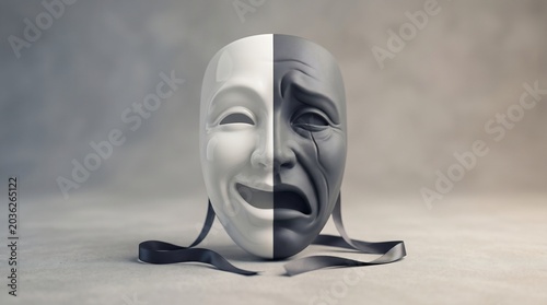 Dual personality drama mask featuring split happy and sad expressions against a neutral textured grey studio background surface