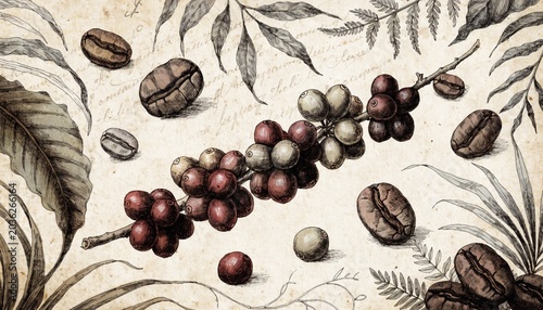 Vintage botanical illustration of coffee beans and leaves background