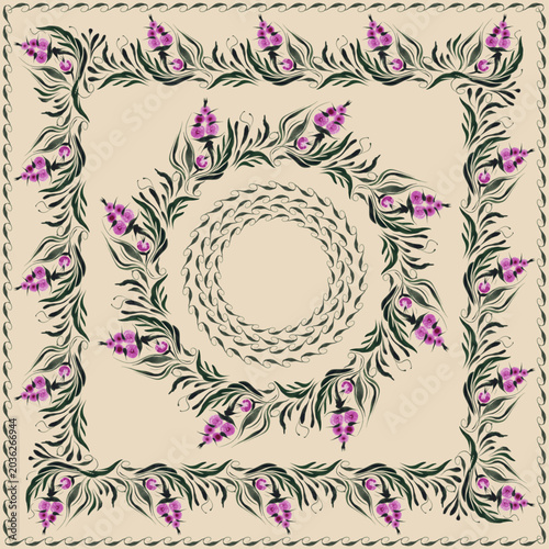 Vector floral frames. Seamless border patterns with purple berries and dark leaves on a beige background. 2 pattern brushes in the brush palette