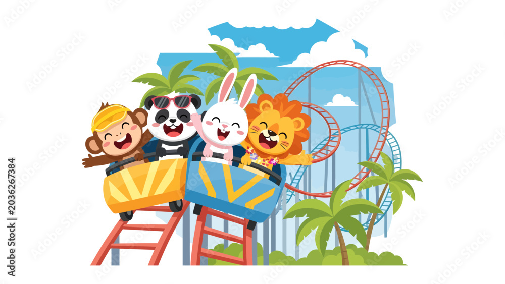 Fototapeta premium Amusement Park Adventure: Cartoon animals, including a monkey, panda, rabbit, and lion, ride a roller coaster in a vibrant amusement park, surrounded by palm trees and blue skies.