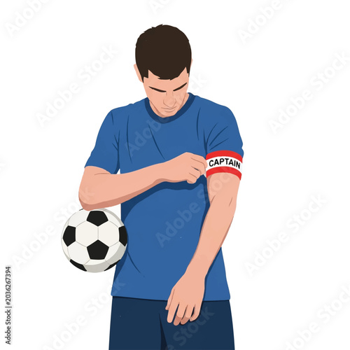 A player adjusting his captain's armband while holding the ball under one arm, preparing for a kickoff. Soft morning lighting, leadership and confident mood. Minimalist flat vector artwork,