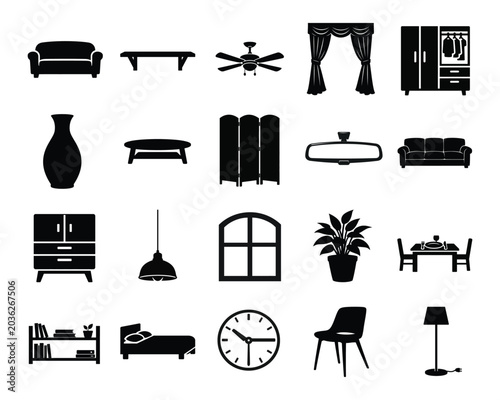 Collection of household furniture and decor silhouettes against a clean backdrop for interior design concepts Isolated on white background