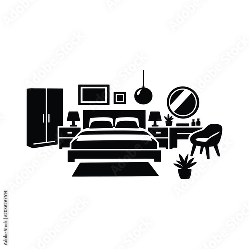 Bedroom interior silhouette with bed wardrobe and vanity during night Isolated on white background