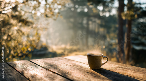 Outdoor coffee aesthetic with woodland sunrise and cozy vibes