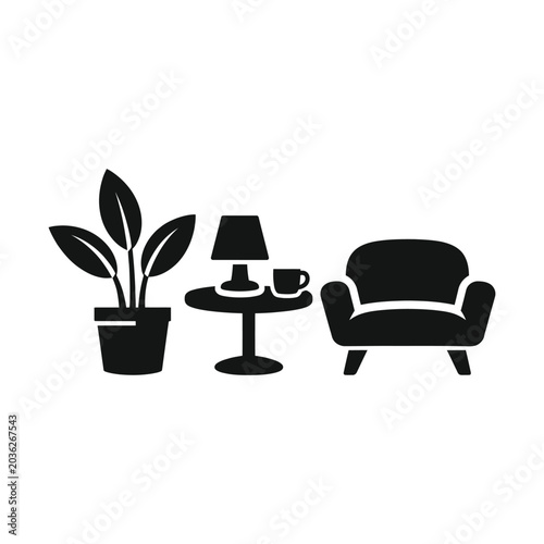 Living room furniture with potted plant and table lamp during cozy evening isolated on white background