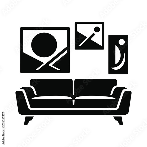 Living room interior with sofa and framed wall art during daytime with clean background. Vector Silhouette