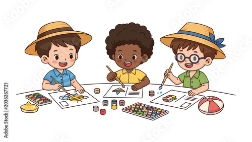 Photography Artistic Exploration: Three young children, diverse in ethnicity and attire, are engrossed in a creative art session, painting and drawing with colorful palettes and brushes