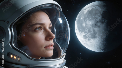 Lunar mission specialist gazing at the moon during deep space travel. Close-up of a female traveler in a white spacesuit helmet observing the lunar surface from orbit.