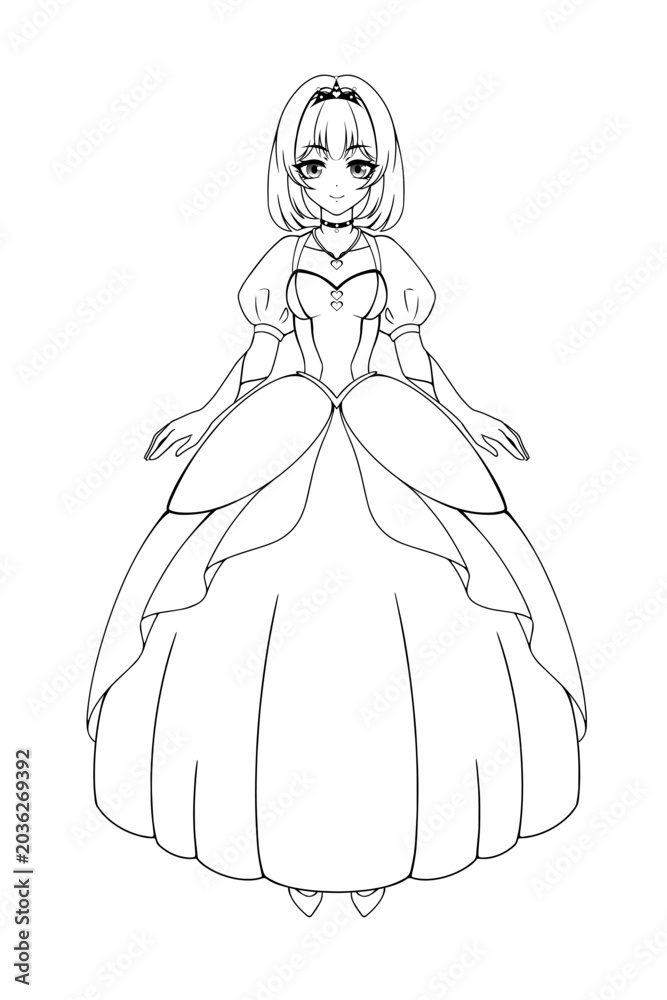 Fototapeta premium Anime princess coloring page, vector template, coloring pages in popular anime styles, coloring pages for kids