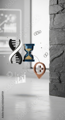 Conceptual Still Life of Longevity Science Metrics with Floating Basalt DNA, Blue Resin Hourglass, and Copper Plus Icons with Copy Space