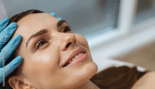 Smiling Woman Receiving Cosmetic Injection At Aesthetic Clinic During Facial Beauty Treatment And Consultation