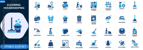 Foto Cleaning and Housekeeping Icon Set for Home Hygiene and Janitorial Maintenance
