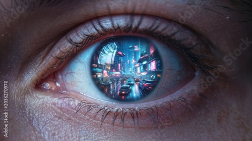 Reflection of futuristic city in human eye. Cyberpunk metropolis with neon lights and flying cars visible in pupil.