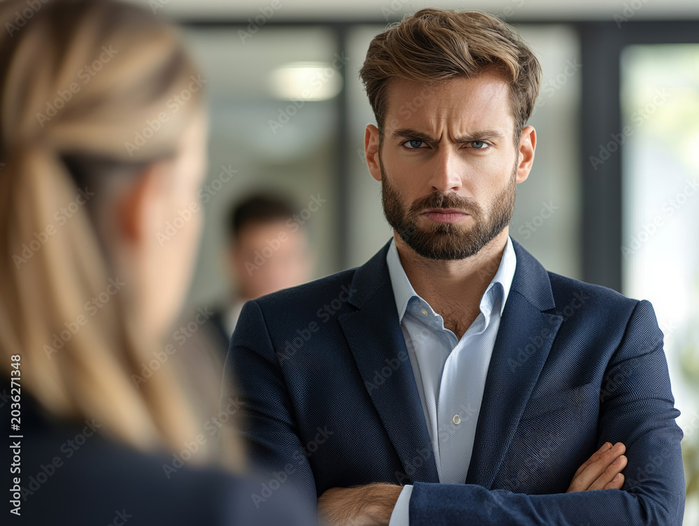 Naklejka premium Portrait of an angry or serious businessman with crossed arms looking sternly at a female colleague during an office argument