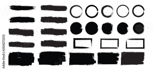 Set of vector paint brush stroke, ink splash and grungy decoration elements. Freehand grunge brush. Black watercolor splatter, texture, frame. vector illustrator