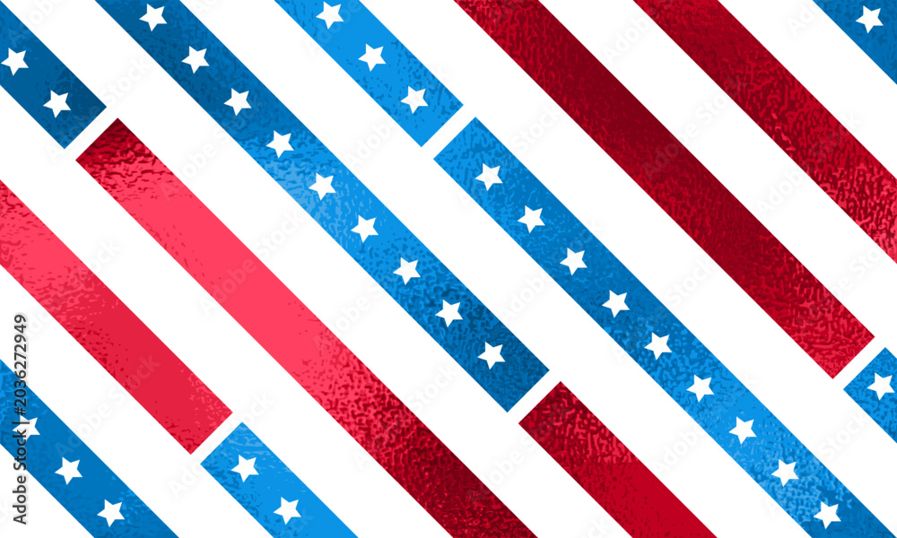 Fototapeta premium Seamless US flag diagonal blue red lines white star pattern, gradient texture USA background. Vector abstract background for american national holiday, Labor, Memorial, Independence Day
