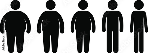 Human Body Shape Icon Vector Set Showing Different Male Body Types, Weight Levels, and Silhouettes from Obese to Slim Figures for Health, Fitness, Medical, and Infographic Design