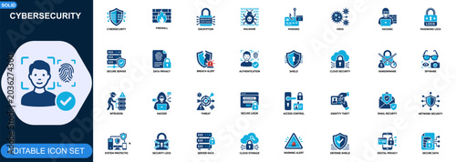 Cybersecurity icon set for digital protection and network defense. Firewall, encryption, malware, phishing, secure server, password lock, data privacy. Editable icons collection. Vector.