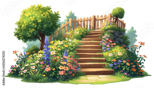 wooden stairs in a beautiful flower garden