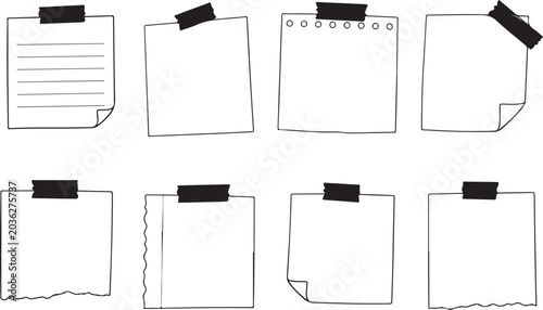 Paper note outline icon set office document symbols collection with memo page graphic design elements