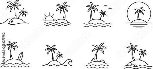 Tropical island silhouette icon set beach vacation symbols collection with palm tree graphic design elements
