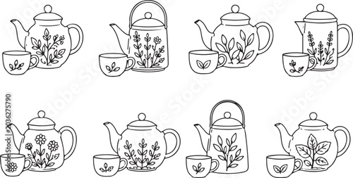 Tea cup illustration icon set cozy beverage symbols collection with hand drawn cafe graphic design elements