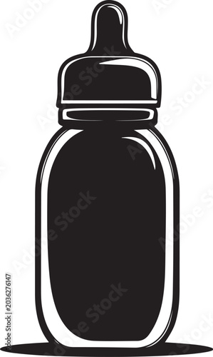 Simple Black Silhouette of a Baby Feeding Bottle with Nipple and Cap on White Background