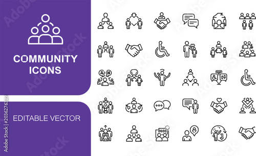 Large set of black and white line icons featuring diverse community symbols business teamwork handshake inclusivity leadership and social networking for corporate identity and support designs