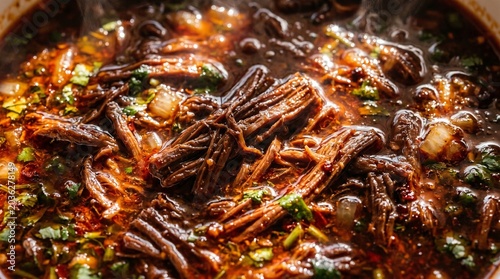 Birria in consomme with fiery braised beef close-up