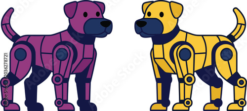 Canvas Print Futuristic robot dog character set with purple mechanical puppy and yellow cyber