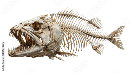 Canvas Print Fish skeleton with visible teeth and spine detailed bone structure on transparen