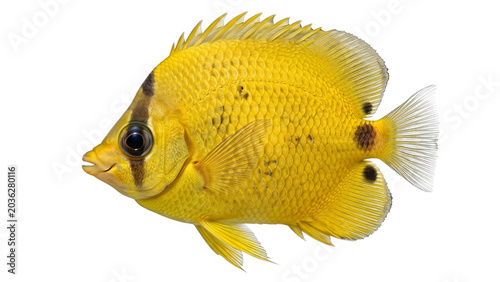 Fotografie A yellow freshwater angelfish detailed scales and fins side view isolated on tra