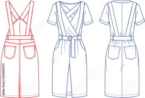 Tableau sur toile Technical fashion flat sketch of a women's overall dress set featuring a belted