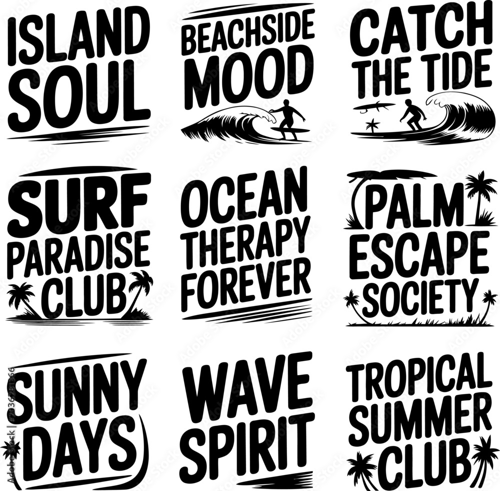 Fototapeta premium Surf-themed logo designs featuring silhouettes of surfers on ocean waves combined with hand-lettered text deliver a stylistic collection for coastal fashion brands and creative summer merchandise.
