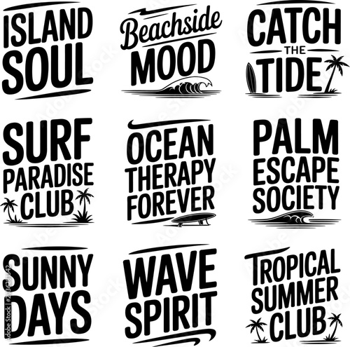 Summer vacation slogans and beach-themed illustrations provide a versatile design resource for crafting apparel prints or promotional materials centered around ocean activities and coastal lifestyle.
