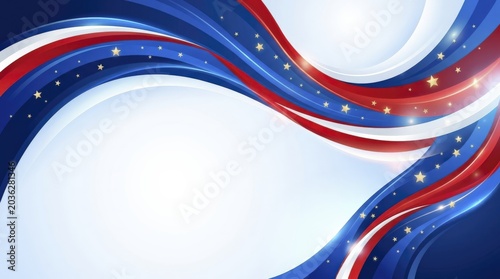 Dynamic Abstract Patriotic Design with Red, White, and Blue Waves, Stars, and Light Effects for USA Events