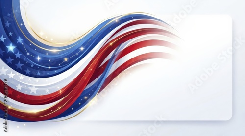 Elegant Patriotic Frame with Copy Space featuring Red, White, and Blue Waves, Stars, and Gold Accents