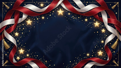 Elegant Patriotic Frame with Flowing Ribbons, Golden Stars, and Confetti on Dark Blue Background. Perfect for US National Celebrations.