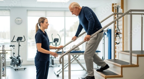 Female physical therapist assisting an elderly man with rehabilitation exercises on stairs in a modern therapy center.
