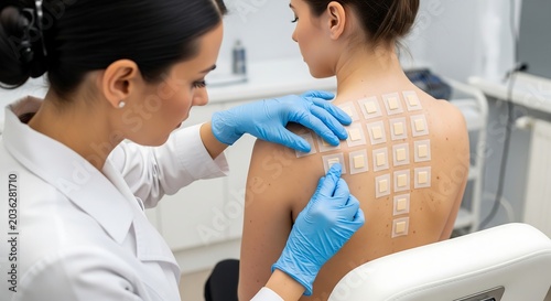 Medical professional in blue gloves applying numerous allergy test patches to a patient's upper back in a clinical setting.