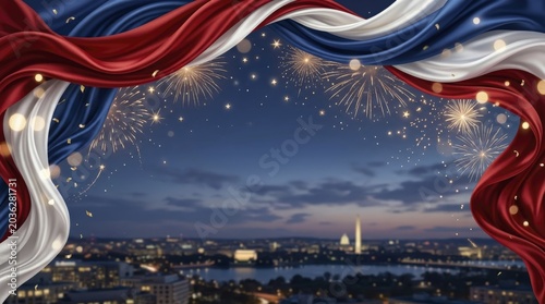 Washington D.C. skyline at dusk with fireworks and patriotic red, white, and blue draped fabric.