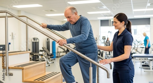 Elderly man with physical therapist using stairs for rehabilitation and strength training in a clinic.