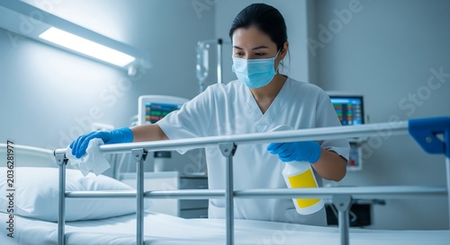 A healthcare worker wearing a face mask and gloves meticulously cleans a hospital bed with a spray bottle and cloth in a sterile medical environment.