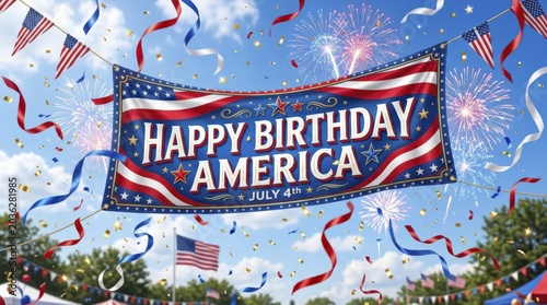 Happy Birthday America Banner with Fireworks and Confetti at Outdoor Fourth of July Celebration Party. Festive Summer Holiday Scene.
