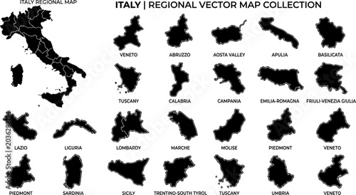 Photos Italy regional vector map collection with twenty regions and their names labeled