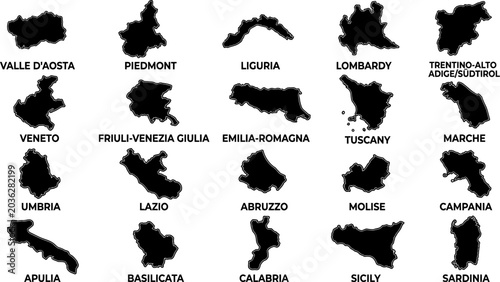 Foto Italy regions map with black silhouettes and labels on white background  geograp