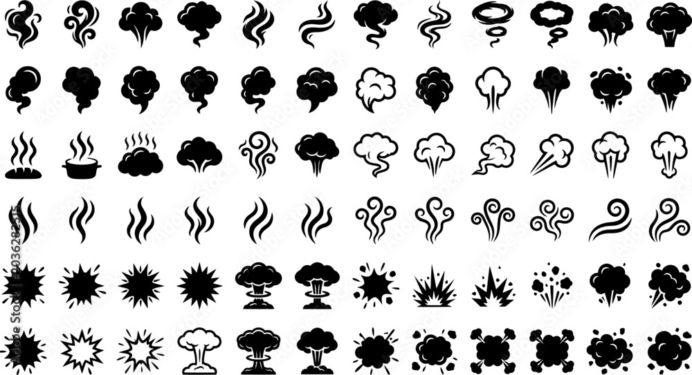 Fototapeta premium Collection of various smoke explosion and fire icons in different styles and shapes