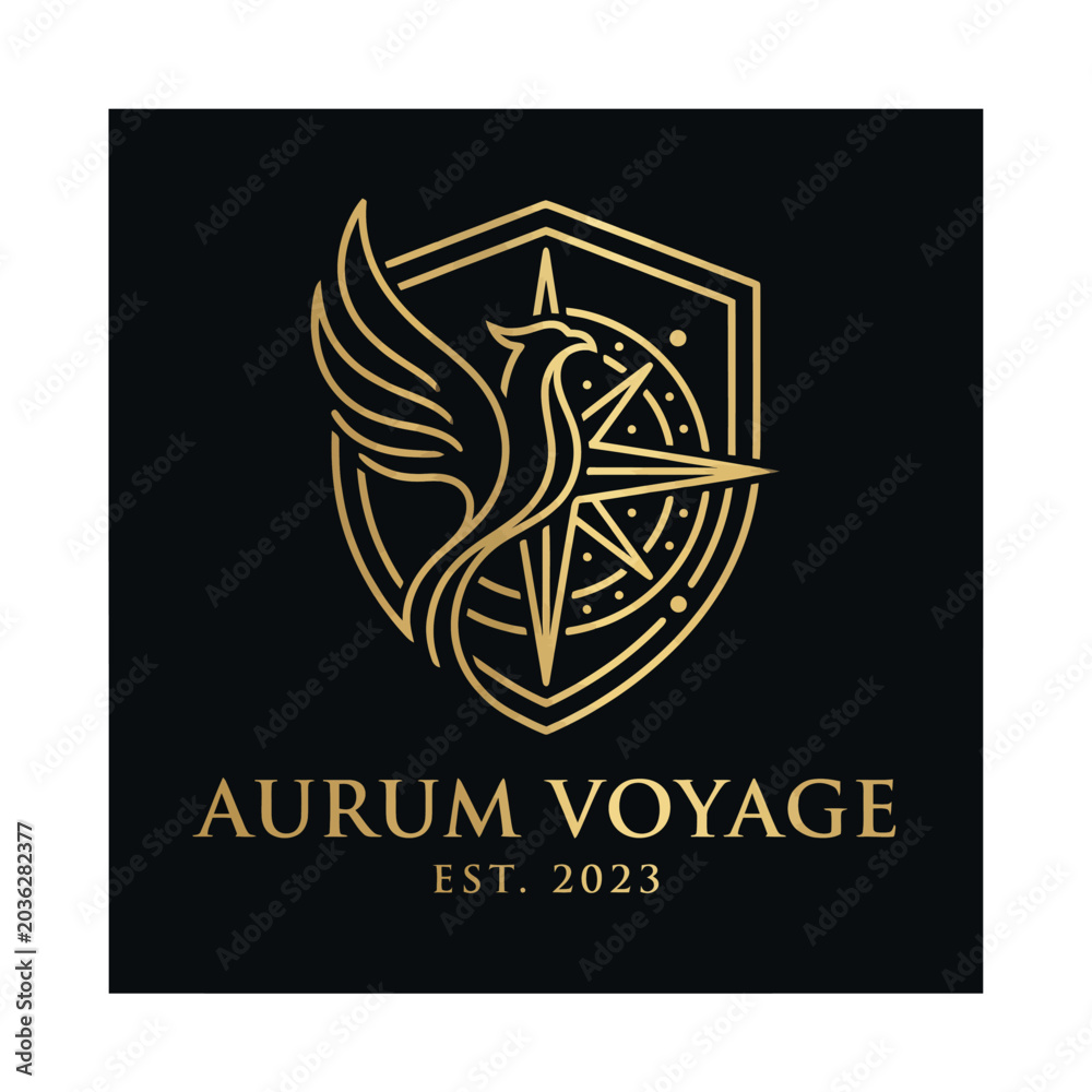 Fototapeta premium Golden logo with bird and shield.