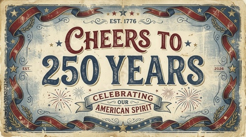 Vintage American Semiquincentennial Banner: Cheers to 250 Years of Spirit, Est. 1776 - Distressed Patriotic Celebration Art.
