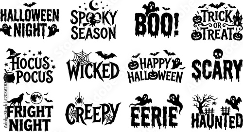 Tableau sur toile Halloweenthemed graphic design elements with spooky text and symbols on white ba